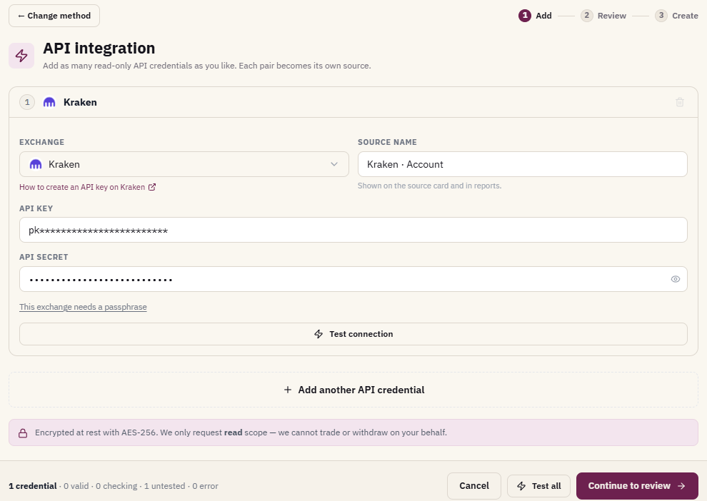 Coinfig Add source screen with Kraken selected and the API key and secret fields filled in