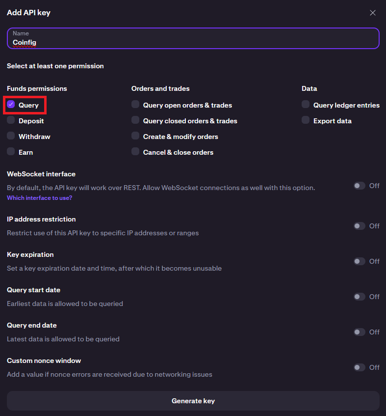 Kraken Add API key screen with only the Query funds permission selected