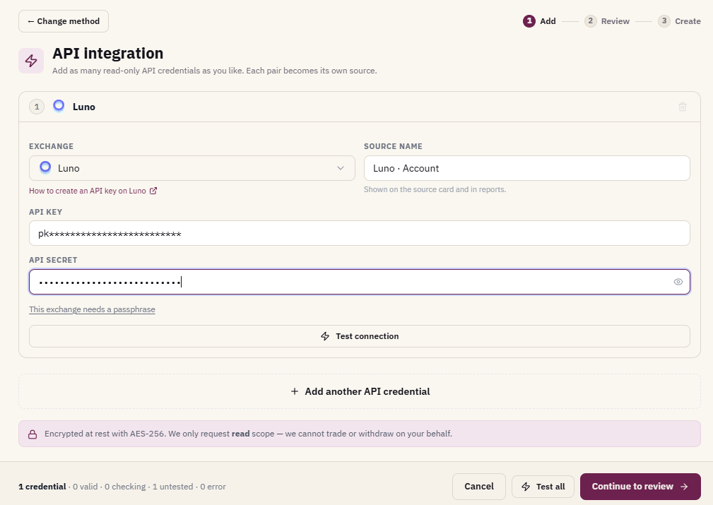 Coinfig Add source screen with Luno selected and the API key and secret fields filled in