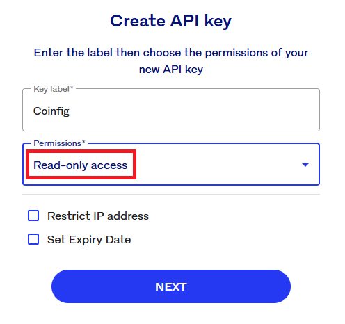 Luno Create API key screen with Read-only access selected as the permission