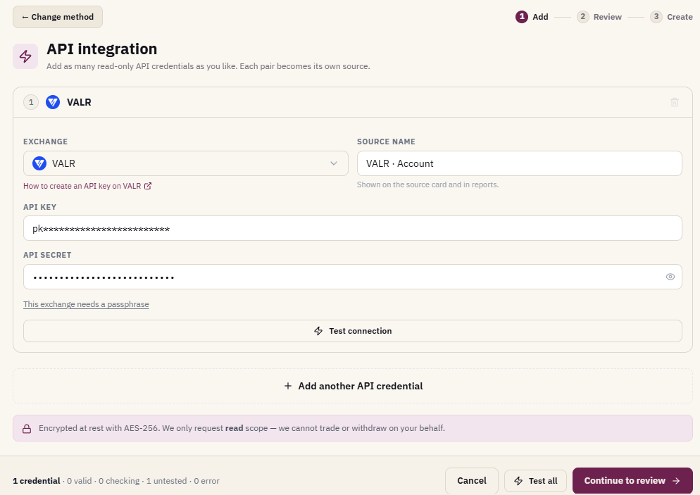 Coinfig Add source screen with VALR selected and the API key and secret fields filled in