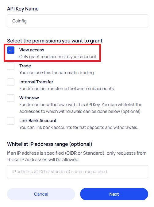 VALR API key creation screen with View access selected and Trade, Internal Transfer, Withdraw, and Link Bank Account left unchecked